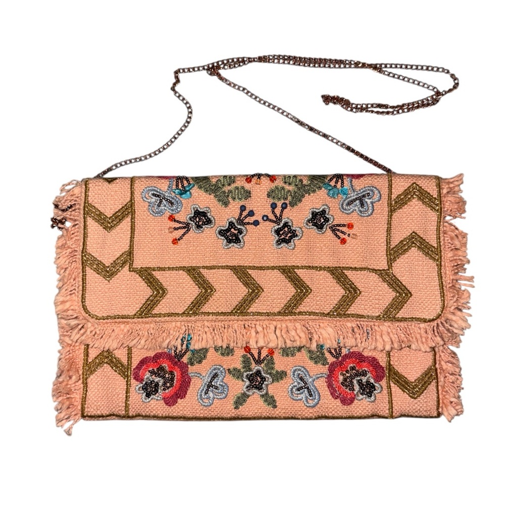 Floral Embroidered Fringe Clutch/Crossbody Bag